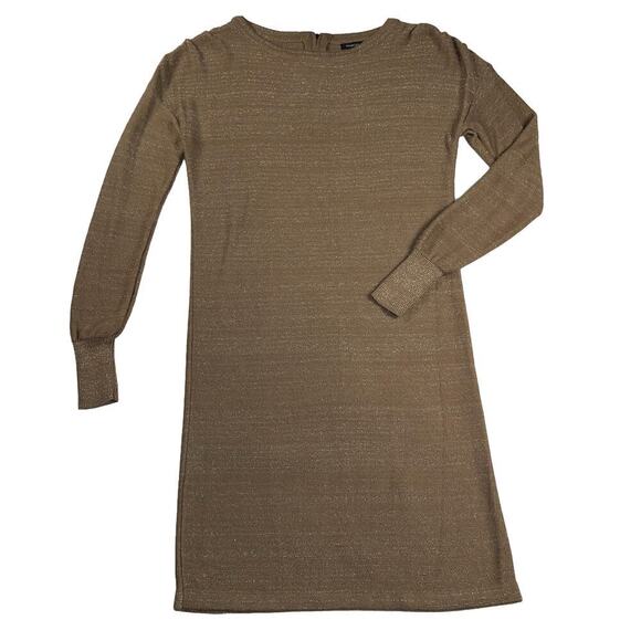 MANGO Gold Shimmer Long Sleeve Round Neck Sweater Dress Size S - Picture 1 of 10
